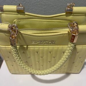 bebe Lemon Yellow Braided-Handle Satchel with Gold Hardware